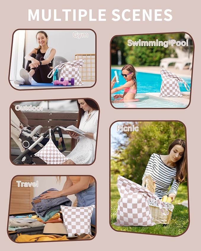 babygoal Waterproof Wet Dry Bag for Swimsuits,Travel, Food Storage, Stroller, Daycare, Baby Diapers, Yoga, Beach, Pool, Wet Clothes-Light Pink Lattice