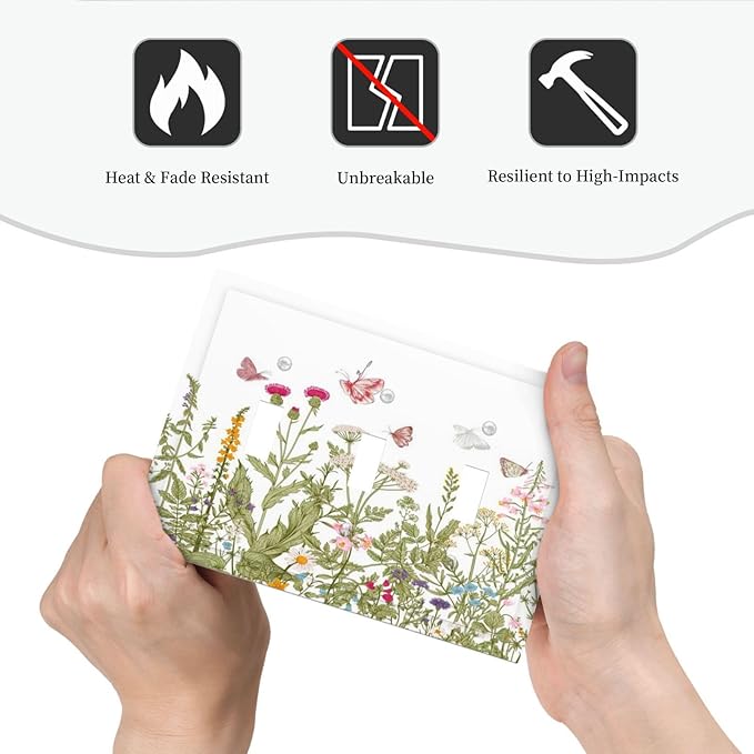Colorful Butterfly Floral Plants Flower Vine Decorative Switch Plates 3 Gang Wall Plate Triple Toggle Light Switch Cover Faceplate Electrical Wall Panels for Bed Room Living Room Decor