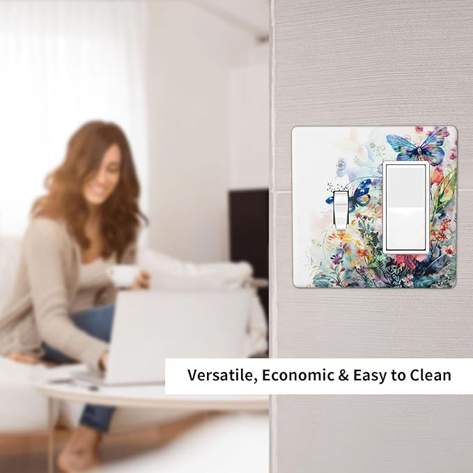 Light Switch Cover Plate Watercolor Colorful Floral Butterflies Wildflowers 2 Gang Combo Wall Plates Toggle Rocker Decorative Switch Plates and Outlet Covers for Bathroom Bedroom Decor