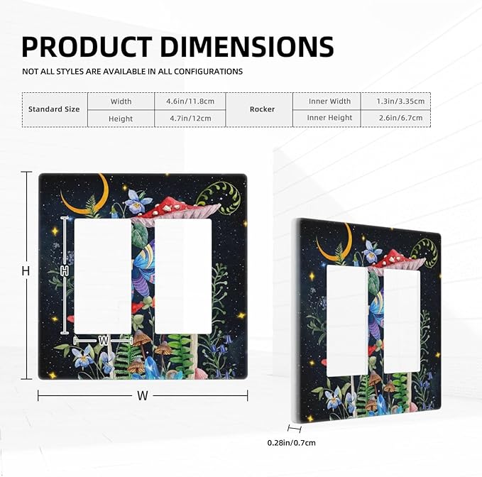 Boho Butterfly Mushroom Starry Moon Night Phase Stars Botanical Moth 2 Gang Screwless Double GFCI Decorator/Rocker Outlet Light Switch Wall Plate Covers Decorative Dual Device Receptacle Faceplate