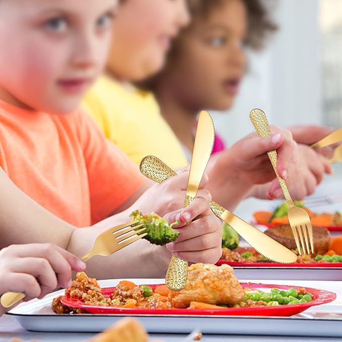 LIANYU 12-Piece Kids Gold Silverware Set, Stainless Steel Toddler Utensils, Hammered Metal Preschooler Flatware Cutlery Set, Children Tableware Includes Knives Forks Spoons, Dishwasher Safe