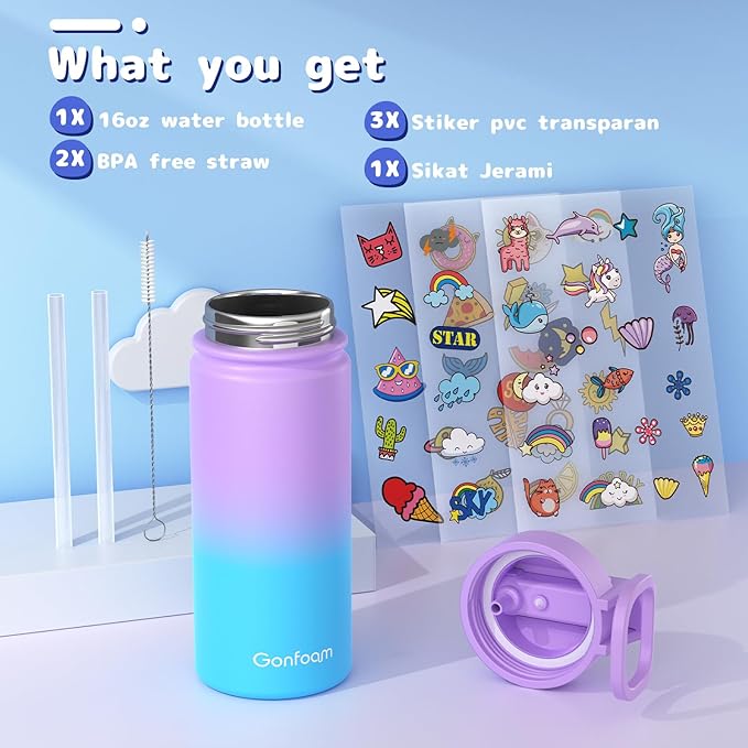 Kids Water Bottle, 16oz Water Bottles with Straw and Stickers, Stainless Steel Vacuum Double Wall Insulated cup, Kids Water Bottle for School, Gifts for Girls(Purple and Blue)