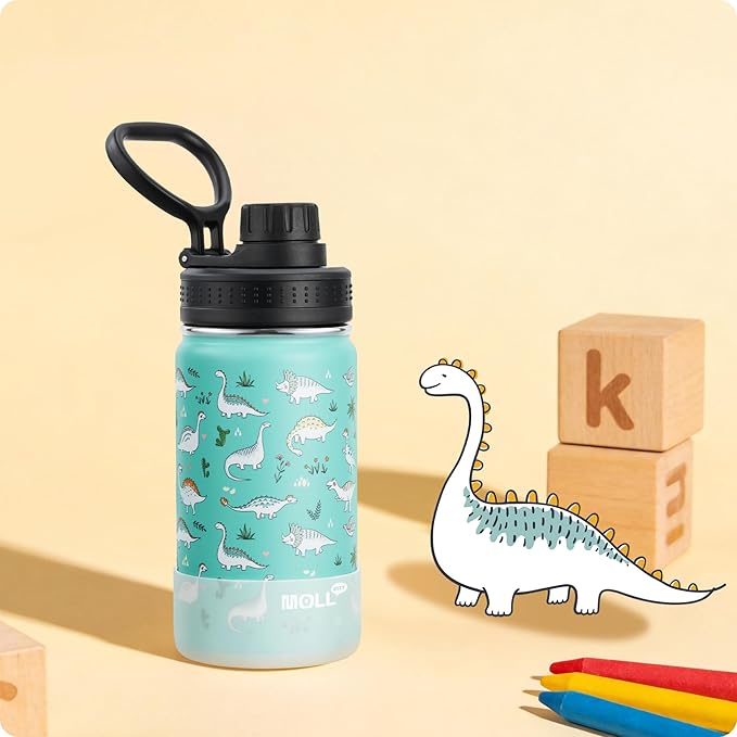 Small Water Bottle-12 oz Water Bottles for School, Stainless Steel Double Wall Insulated Water Bottle BPA Free, Lightweight, Gifts for Boys, Girls-Dinosaur