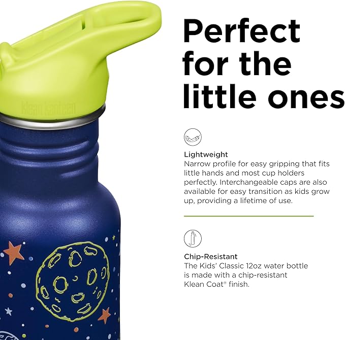 Klean Kanteen 12 oz Classic Kid's Water Bottle with Flip Seal Sport Cap & Straw - 100% Leakproof Cap - Durable Stainless Steel Material - Lightweight & Easy-Grip - BPA-Free - Milky Way