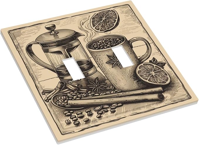Light Switch Cover Plate Beige Vintage Rustic Coffee Beans Spice 2 Gang Double Toggle Decorative Switch Plates Wall Plates Electrical Faceplate for Kitchen Coffee Bar Decor