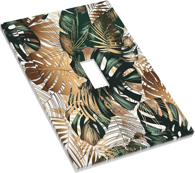 Green Tropical Leaves Gold Palm Leaf Botanical 1 Gang Light Switch Covers Decorative Unique Single Toggle Wall Plate Switchcover Electrical Switchplate for Kitchen Bathroom Bedroom Decor