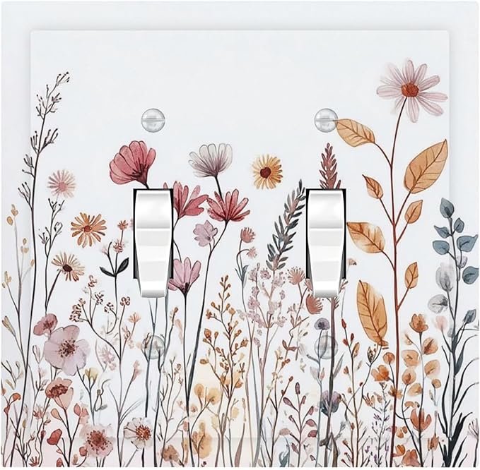 Decorative Switch Plates Spring Floral Pink Wildflower Leaves Plants 2 Gang Double Toggle Outlet Light Switch Cover Wall Plate Electrical Faceplate For Home Bed Room Decor
