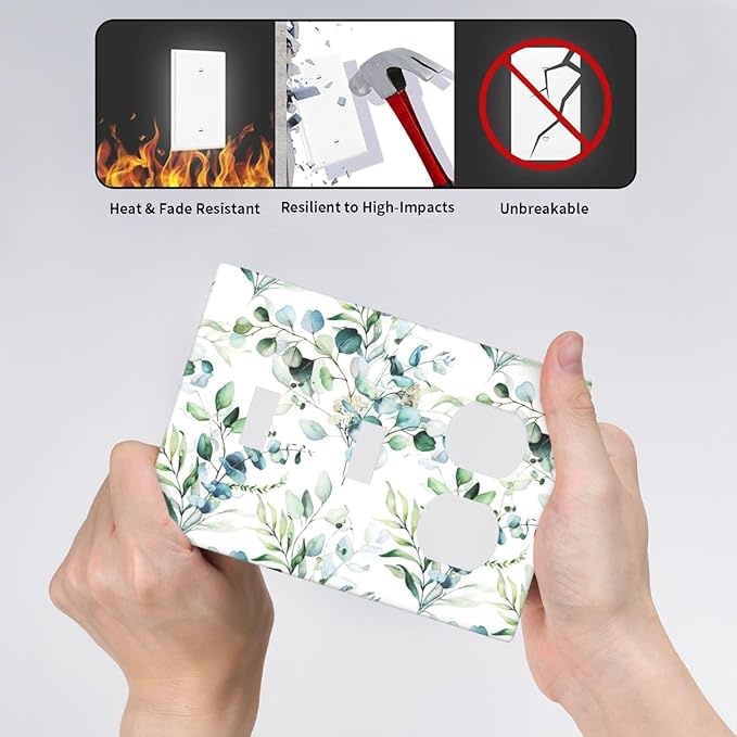 Green Olive Sage Eucalyptus Leaves 3-Gang 2-Toggle 1-Duplex Receptacle Combination Light Switch Decorative Triple Combo Device Switches/Rocker Outlet Covers and Wall Plate