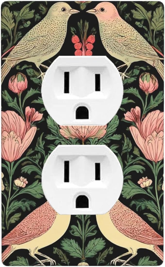 Vintage Bird Floral 1-Gang Duplex Wall Plate, Dark Green Bird Flower Outlet Cover Decorative Faceplate for Bedroom, Sunroom & Home
