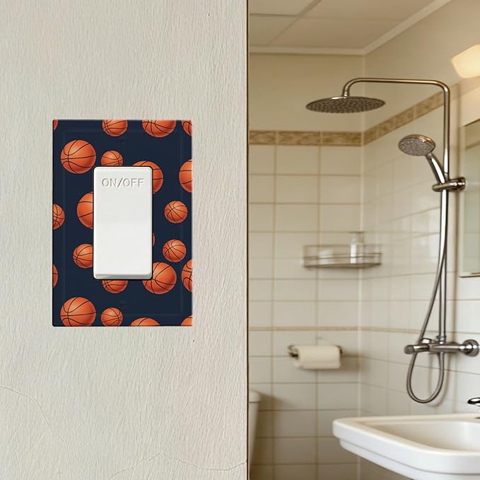 Basketball Single Rocker Switch Cover - 1-Gang Standard US Size Sports Design Navy Blue Light Switch Covers, Vintage Basketball for Boys Room
