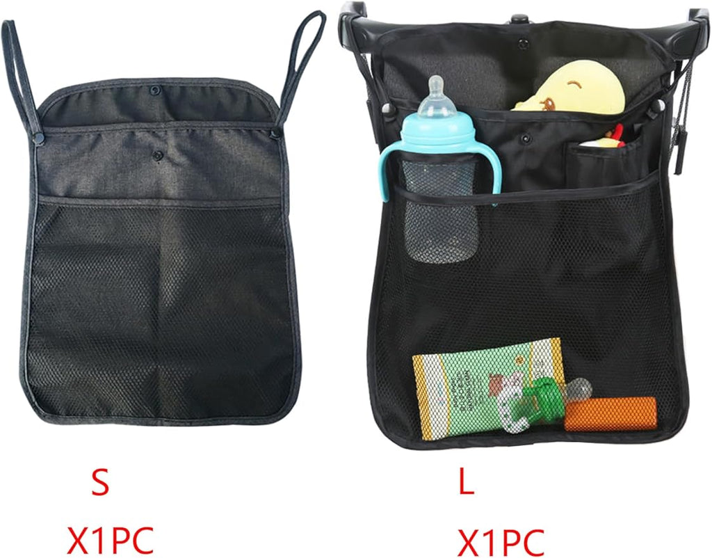2pcs Baby Stroller Organizer with Two Compartments Front Mesh Pocket for Bottle Nappy Diaper Storage, Detachable Straps, Fits for Stroller like Uppababy, Baby Jogger, Britax, Bugaboo, BOB, Black