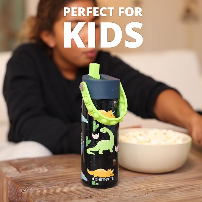 Elemental Water Bottles for Kids - Splash Kids Water Bottle for School with Pop-it Handle - BPA Free Tritan Plastic Water Bottle with Straw Leak Proof when Spout is Closed - Dinosaur- 18oz