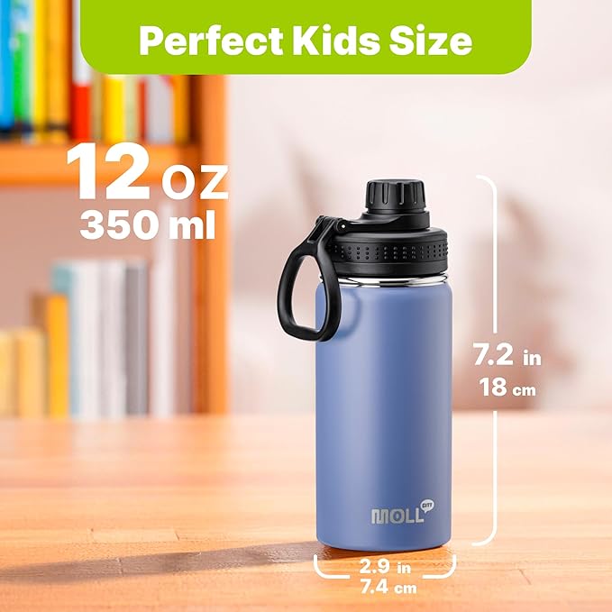 Kids Water Bottle 2 Pack 12 oz Stainless Steel Vacuum Insulated Water Bottle Wide Mouth Sports Flask with Leakproof Spout Lid (Royal Blue-Purple)