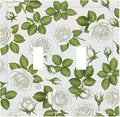 Elegant White Roses & Green Leaves Floral Double Toggle Switch Cover - 2-Gang Standard US Size Timeless Rose Garden Light Switch Covers for Bathroom Bedroom Vanity Decor