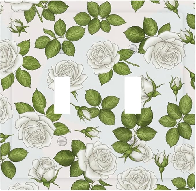 Elegant White Roses & Green Leaves Floral Double Toggle Switch Cover - 2-Gang Standard US Size Timeless Rose Garden Light Switch Covers for Bathroom Bedroom Vanity Decor