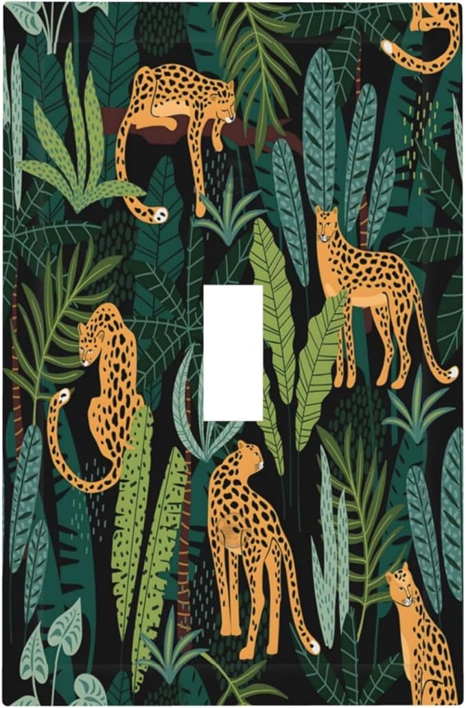 Jungle Cheetah Tropical Wildlife Leopard Green Palm Leaf Decorative Light Switch Cover 1 Gang Single Toggle Device Electrical Faceplate Switchplates Decorator Outlet Wall Plate for Farmhouse Home