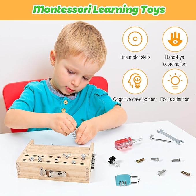 Montessori Screwdriver Board Set, Montessori Toys for 3 4 5 with 3 Lock and Keys, Toddler Screwdriver Toy, Kids Tool Set, Preschool Learning Sensory Toy, Fine Motor Skills Toys