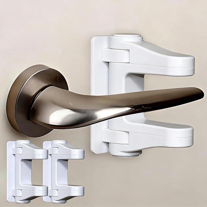 Door Handle Baby Proof, 2 Pack Door Locks for Kids Safety No Drilling, Strong 3M Adhesive Door Lever Lock Child Proof Cabinet Simple Install and No Tools Needed, White