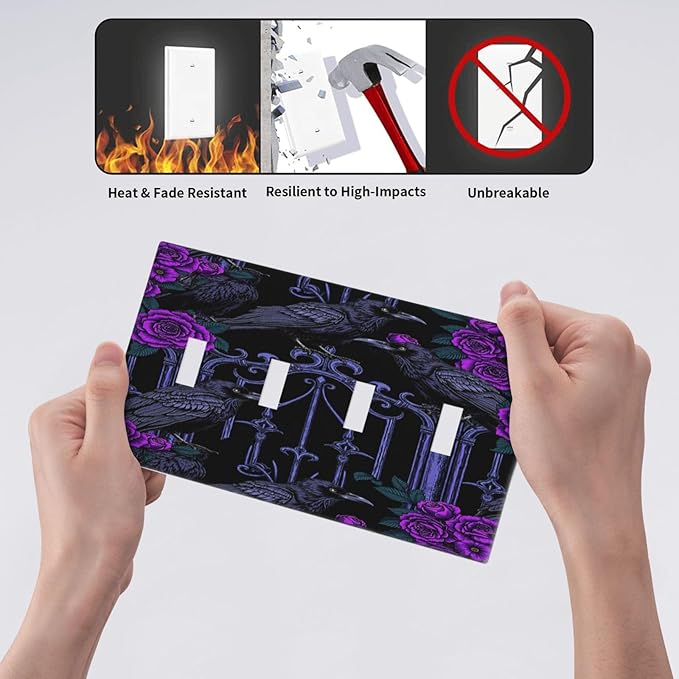 Light Switch Covers Gothic Style Crow Purple Flowers Quad Toggle 4 Gang Wall Plate Electrical Faceplate Decorative Switch Plates for Bedroom living Room Decor