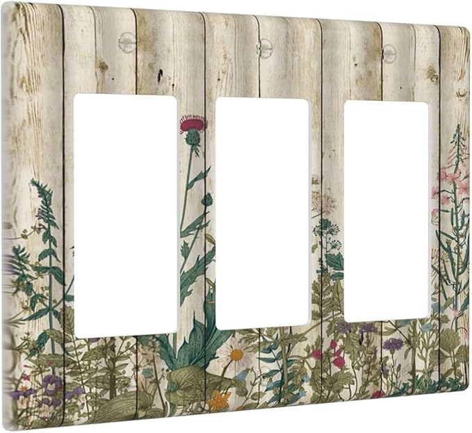 Vintage Wild Flowers Botanical Green Leaves Plants 3 Gang Rocker Light Switch Covers Decorative Rustic Wood Plank Triple Outlet Wall Plate Cover Faceplate Decorative Switchplate GFCI for Farmhouse