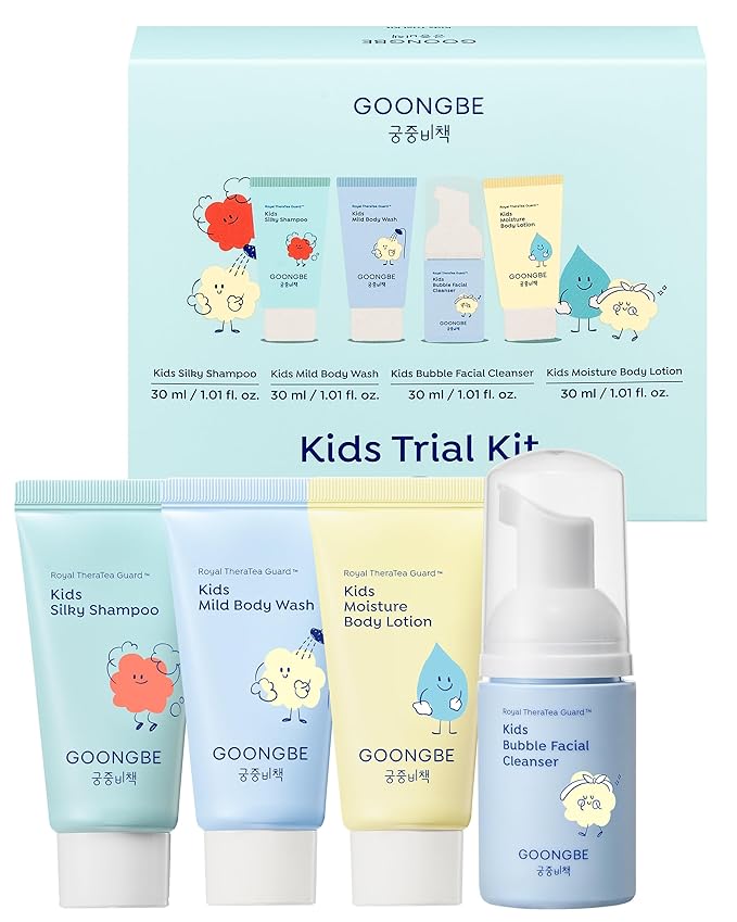 GOONGBE Kids Travel Toiletry Set – 4-in-1 TSA Carry-On Kit with Shampoo, Body Wash, Face Cleanser (Sunscreen Removal) & Lotion, Silicone-Free Low pH for Sensitive Skin1oz Each