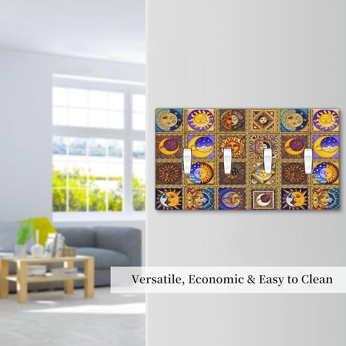 Mexican Talavera Tiles Star Pattern Celestials Theme Print Light Switch Covers Quad Toggle Electrical Faceplate 4 Gang Wall Plate Decorative Switch Plates for Kitchen Home Decor