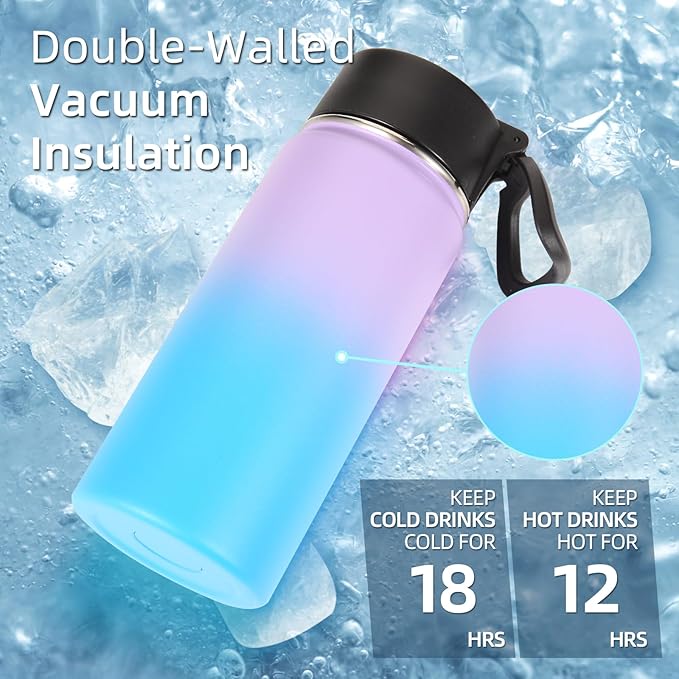 Volhoply 16 OZ Kids Water Bottle Bulk 4 Pack,Insulated Sports Bottles with Straw Lid,Stainless Steel Bottle with Handle Keep Cold,Double Wall Vacuum Tumbler Cups for School,Girls(Assorted, 4)