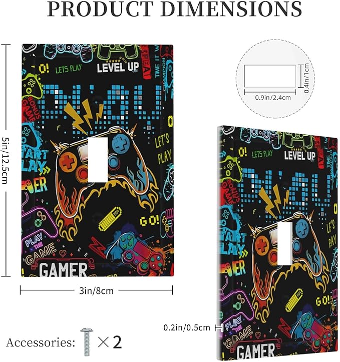 Gamer Video Game Themed Cool Controller Print Decorative Light Switch Cover 1 Gang Single Toggle Device Electrical Faceplate Switchplates Decorator Outlet Wall Plate for Kids Room Office Decor