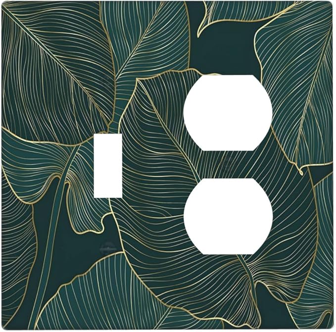 Gold Tropical Green Botanical Palm Leaves Wallplates 1 Toggle 1 Duplex Switch Plate Electrical GFCI Faceplate Decorative Light Switch Covers for Bedroom Living Room Decor