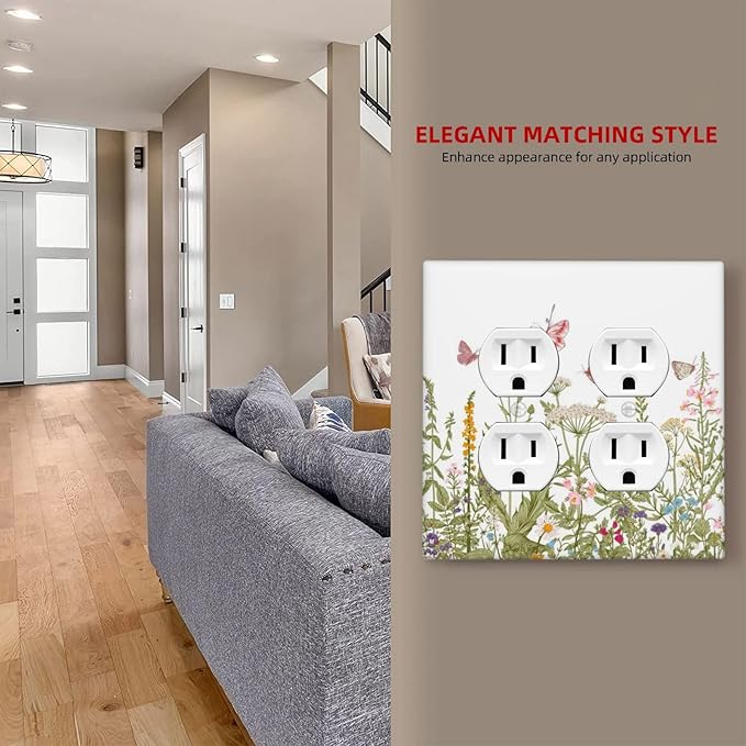 Colorful Butterfly Floral Plants Flower Vine Outlet Covers 2 Gang Double Duplex Decorative Light Switch Covers Electrical Wallplates Socket Faceplate for Bed Room Living Room Decor