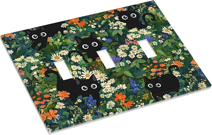 Cartoon Cool Kids Boys Animal Triple Toggle Decorator Outlet Light Switch Wall Plate Cover Funny Boho Cute Black/Green Cats Pet Kittens Jumbo Decorative 3 Gang Three Device Receptacle Faceplate Cover