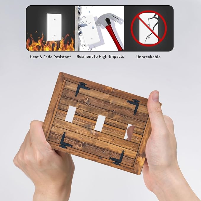 Faux Wood Decorative Printed Light Switch Cover Plates Decorative Triple Toggle Wall Plate, 3 Gang Lightswitch Cover