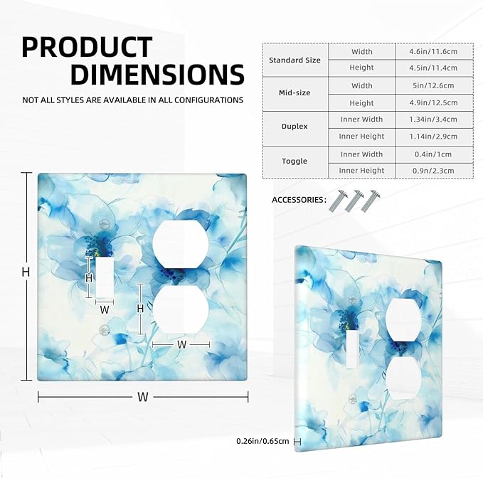 Watercolor Flower Blue White Large Floral Leaf Plants Wallplates 1 Toggle 1 Duplex Switch Plate Electrical GFCI Faceplate Decorative Light Switch Covers for Bedroom Living Room Decor