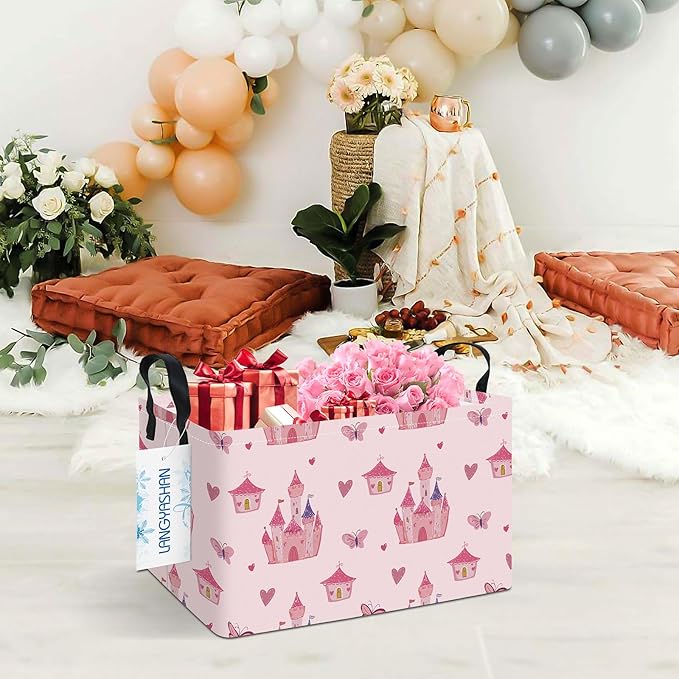 LANGYASHAN Rectangular Girl Storage Bin Collapse Canvas Fabric Cartoon Storage Basket with Handles for Organizing Home Kitchen Boys and Girls Toys Office Closet Shelf Baskets (Rec Pink Castle)