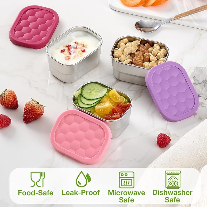 Gencywe 3 Pack Stainless Steel Snack Containers for Kids, 8 oz Easy Open Leak Proof Small Toddler Snack Containers with Silicone Lids, Stackable Metal Lunch Box for Daycare and School (Pink)