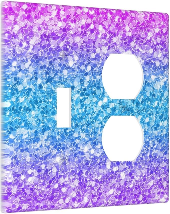 Light Switch Cover Plate Fantasy Colorful Glitter Blue Purple Gradient 2 Gang Outlet Covers 1 Toggle 1 Duplex Socket Cover Wallplates Electrical Switch Plate Covers for Kids Room Home Decor