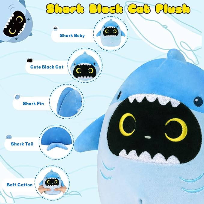Black Cat Plush, Cute Shark Black Cat Stuffed Animal, Kawaii Soft Plush Toy for Kids, Great Birthday Gift Home Decor Toys Gift for Kids Girls Boys Adults (8 Inch)