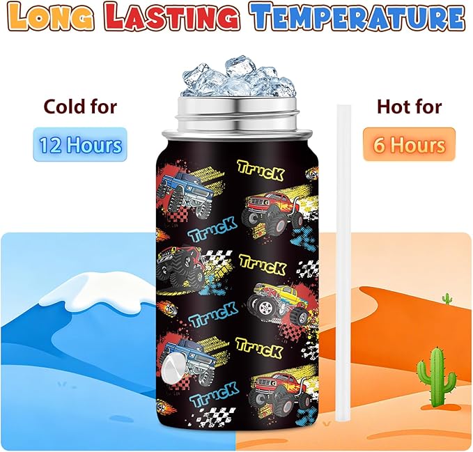 Truck Gifts for Kids - 12oz Kids Water Bottle with Straw Lid, Monster Trucks Water Bottle Insulated, Leak Proof, BPA-Free, Car Tumbler, School, Travel - Truck Lovers Children Birthday Gift Cup(1pc)