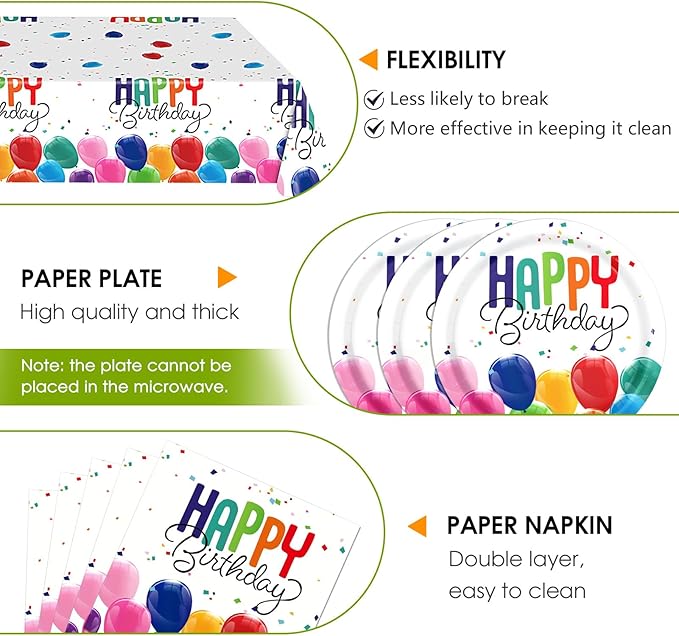 41PCS Happy Birthday Decorations Colorful Birthday Themed Decorations Includes Disposable Paper Plates and Napkins,Tablecloth for Kids' Boys Girls Baby Shower