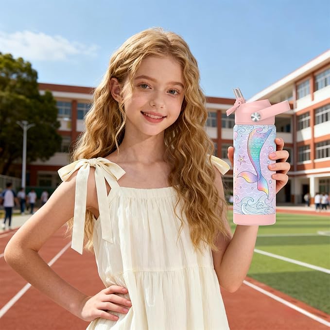 Girls Water Bottle with Straw,18 oz Kids Insulated Cups with Stainless Steel Leak Proof for School,Sport&Travel（Mermaid）