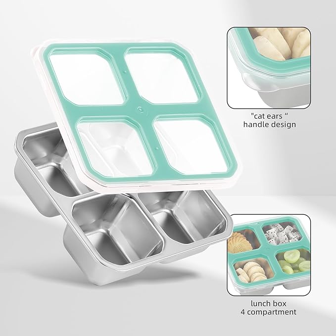 BEFOY 4 Pack Stainless Steel Snack Containers with Lids 4 Compartment Food Storage Containers for Adults & Kids Meal Prep Containers Reusablele (BLUE, 4)