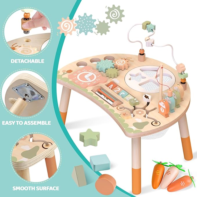Wooden Activity Table for Toddlers 1-3, 9 in 1 Montessori Sensory Table with Bead Maze Shape Sorter Fishing Game, Baby Activity Center Learning Toys for 1 2 3 Year Old Boys Girls