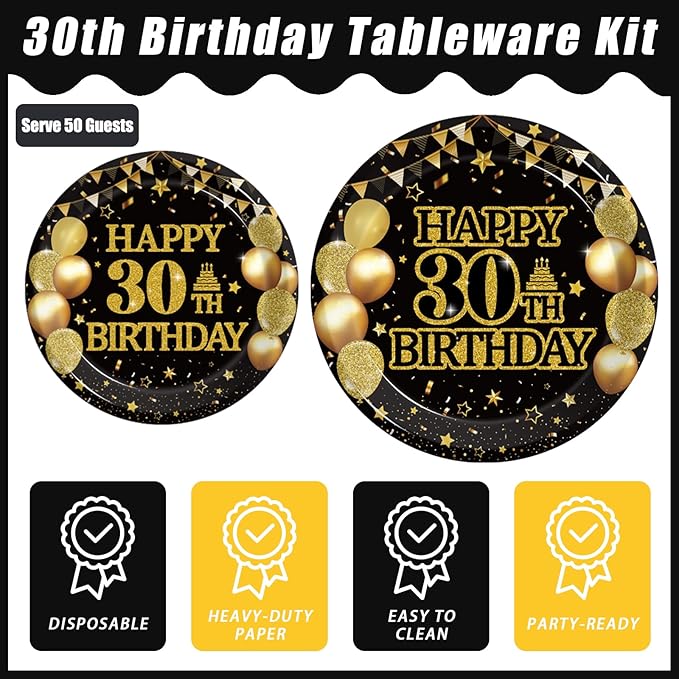 200Pcs 30th Birthday Party Tableware Set, Back in 1996 Birthday Party Decorations Supplies for Men Women Cheers to 30 Years Birthday Party Dessert Plates Napkins Forks Favors, Serve 50