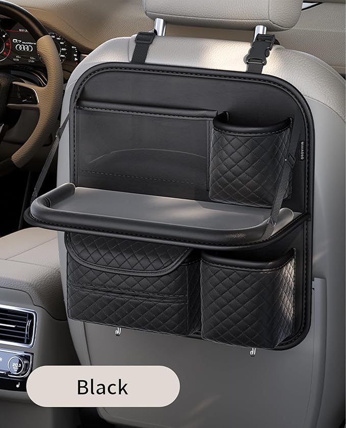 PU Leather Backseat Car Organizer with Tray, Cup Holder, Tablet Pocket & Tissue Holder, Back Seat Car Organizer for Kids and Women, Universal Car Seat Storage Organizer (Black)