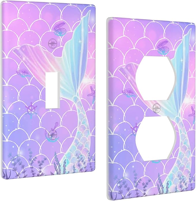 2 Pcs Mermaid Wall Plates Light Switch Cover Cute Decorative Outlet Cover for Girls Boys Bedroom Kitchen Home Bathroom Living Room(Single Toggle Duplex Outlet)