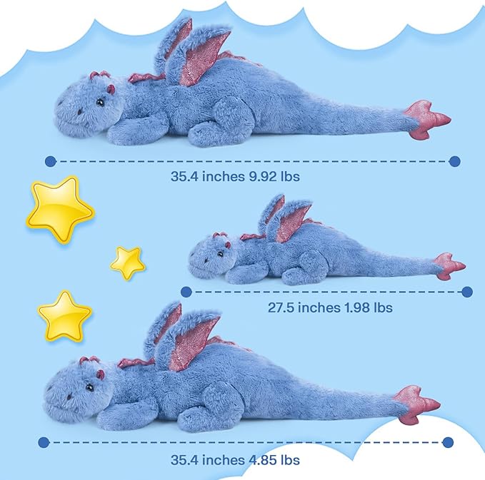 Weighted Stuffed Animal 5Lbs 35.4", Heavy Soft Dragon Plush Toy, Blue Weighted Dragon Stuffed Animal for Kids and Adults, for Comfort and Relaxation