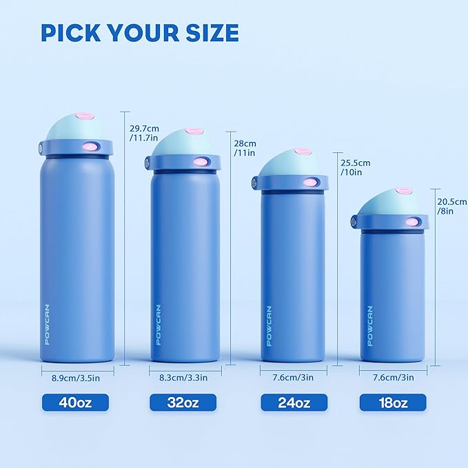 POWCAN 18 oz Metal Sports Water Bottle: 2-in-1 Push-Button Spout & Quick-Flip Straw, Leakproof, Cold 24Hrs, Lockable, Fits Car Cup Holder, Insulated Steel Cup for School, Hiking, Gift (Ohana Blue)