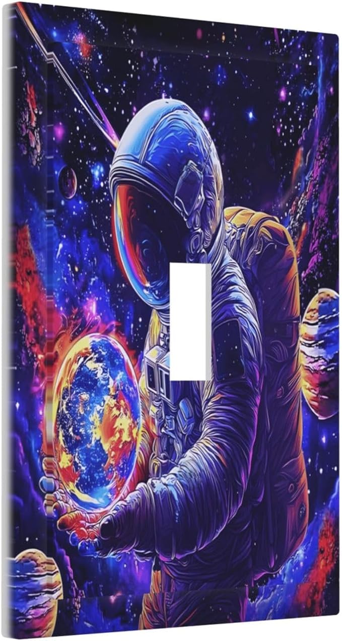 Astronaut Space Cool Galaxy Planet Decorative Light Switch Cover 1 Gang Single Toggle Device Electrical Faceplate Switchplates Decorator Outlet Wall Plate for Kids Room Nursery Decor
