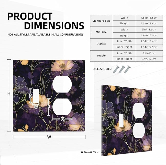 Modern Boho Vintage Gold Purple Dark Floral Modern Abstract Flowers Wallplates 1 Toggle 1 Duplex Electrical Gfci Faceplate Decorative Light Switch Covers Switch Plate for Bedroom Living Room Decor