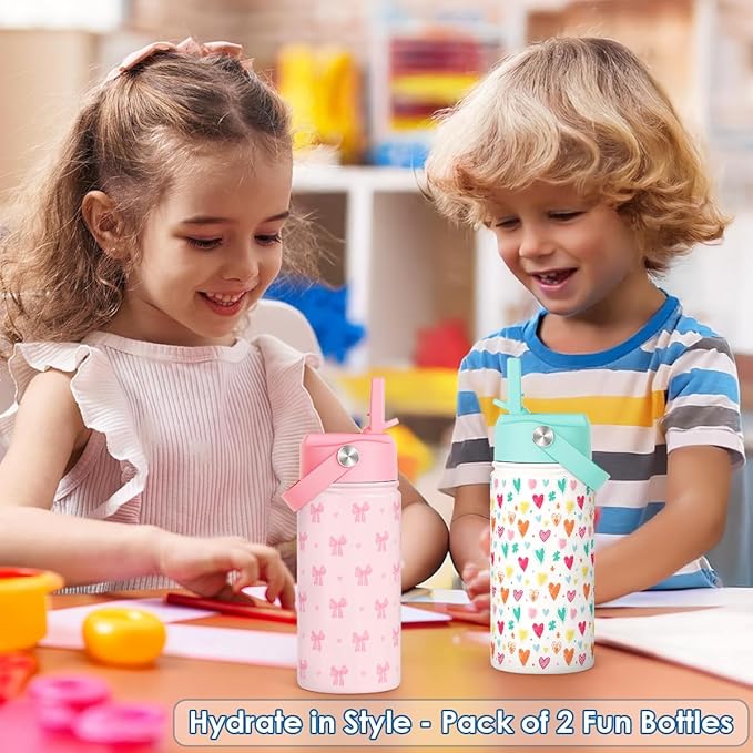 SANDJEST Kid Water Bottle 12oz with Straw Lid - 2-Pack Insulated Stainless Steel Water Bottles for Kids Girls - Travel Cup for School Sports, Bow & Heart